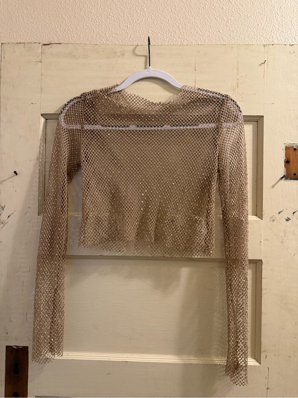 Rhinestone Fishnet Mesh Long Sleeve Crop Top – Size Small